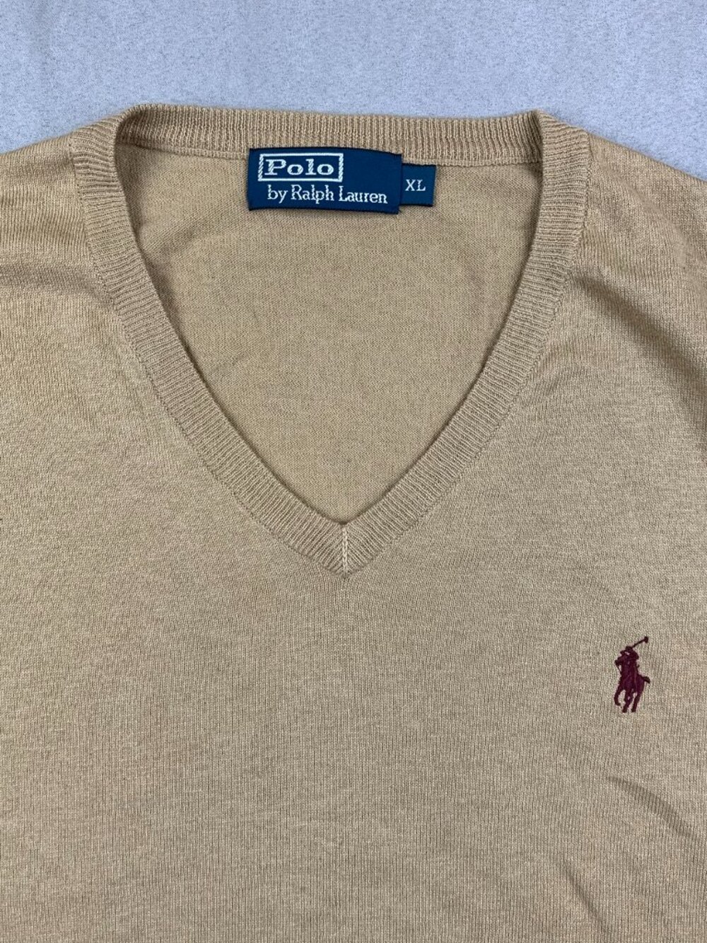 Ralph Lauren Polo Mens Sweater XL Beige Tan V-Neck Long Sleeve Cotton Cashmere - Picture 2 of 8